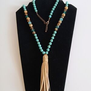 VTG 30" Boho Southwestern Turquoise Glistening Gold Wood Beads 6" Leather Tassel